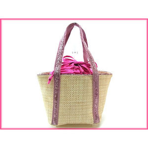 Samantha Vega Logo Plate Tote Basket Shoulder Bag Natural x Pink x Silver
